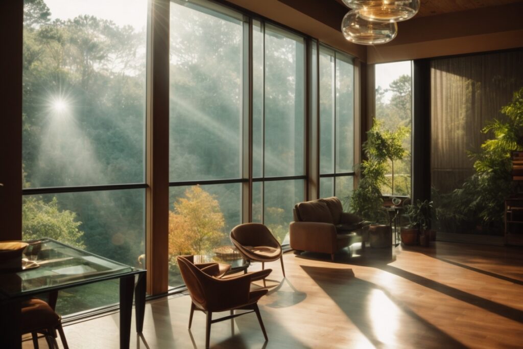 Modern Atlanta home with solar window film reflecting sunlight